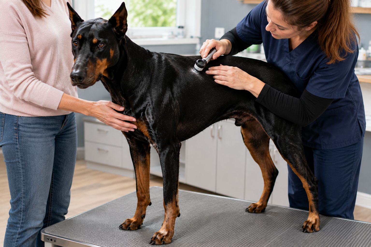 Veterinářka pečlivě vyšetřuje kůži a srst psa